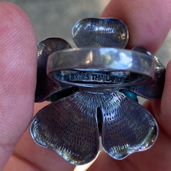 Funky Boho Western Vintage Large Ring Flower Turquoise Silver 925 Sz 7 - Picture 7 of 10